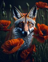 Fox surrounded by red Poppies