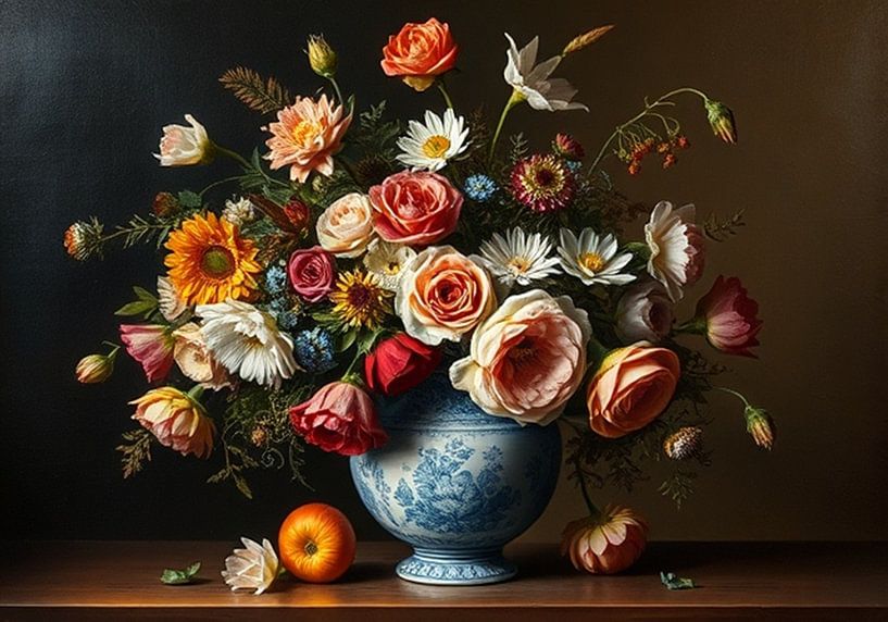 Still life vase with flowers old style masters. by J.a Dijkstra