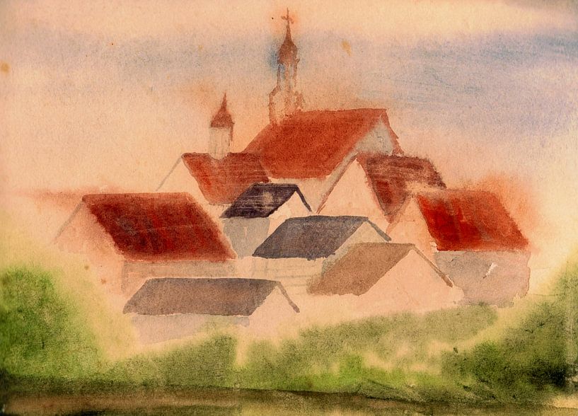 Small village with church - watercolour painted by VK (Veit Kessler) by ADLER & Co / Caj Kessler