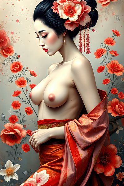 Malerei Geisha mit Blumen nackt von Egon Zitter