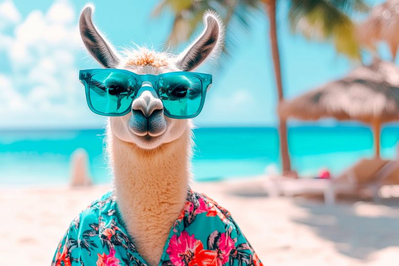 Lama in Sonnenbrille am Strand von Poster Art Shop