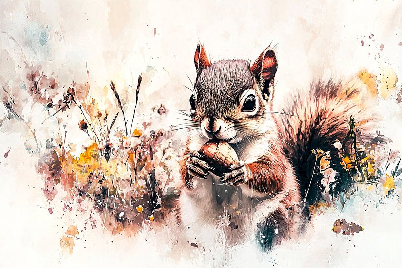 Eichhörnchen mit Herbstblumen Aquarell von Imperial Art House