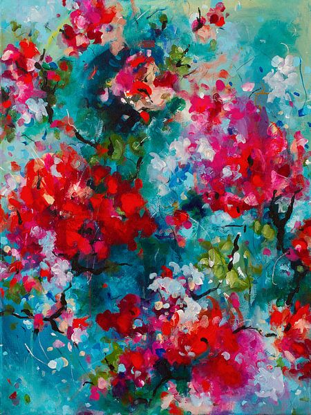 Ikigai - peinture abstraite avec des fleurs rouges de style libre par QEIMOY