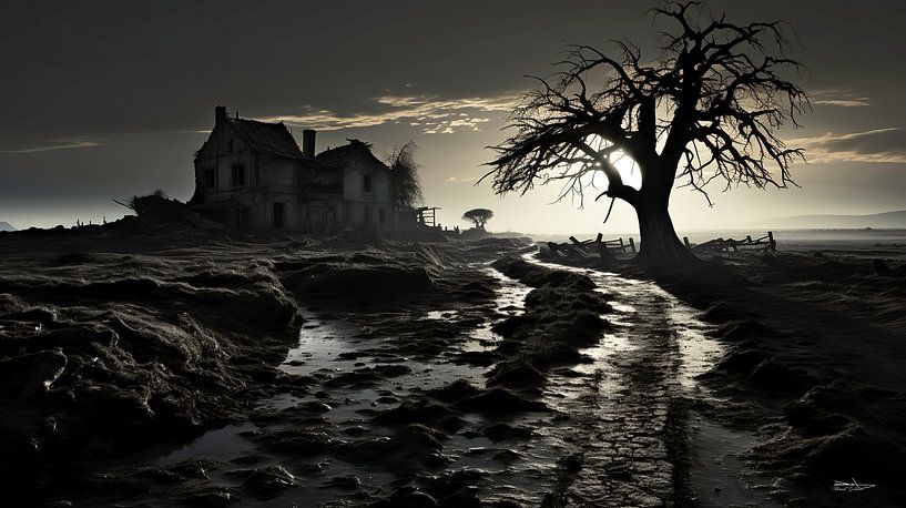 old building in black and white with dramatic light by Gelissen Artworks