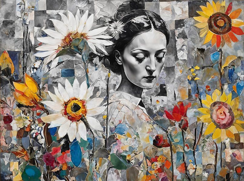 Collage abstrait de fleurs avec portrait de femme par Retrotimes