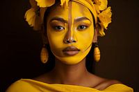 Strahlend gelbe Schönheit: Ein Frauenporträt mit traditioneller Bemalung und floralem Kopfschmuck vor dunklem Hintergrund