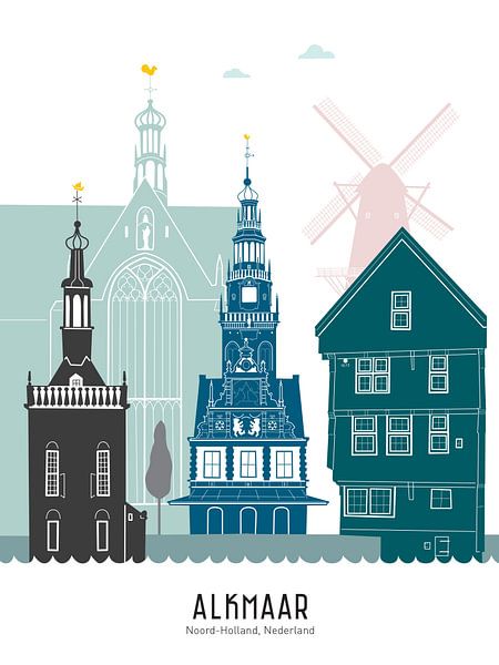 Illustration de la ligne d'horizon de la ville d'Alkmaar en couleur par Mevrouw Emmer