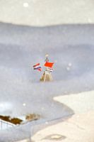 Weerspiegeling in een regenplas van de top van de Utrechtse Domtoren op Koningsdag.