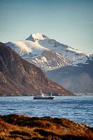 Winterlandschaft mit Fischerboot auf Godøy, Ålesund, Norwegen