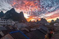 Sunset over the karst mountains and xingping old street,Yangshuo ( china )