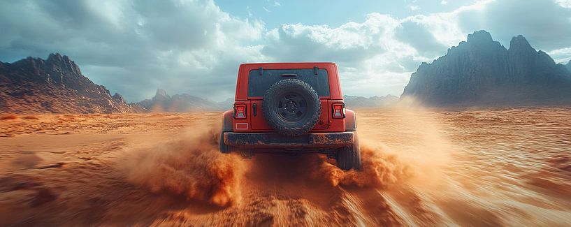 Roter Jeep Wrangler bei Sonnenuntergang in den Dünen von Lufy