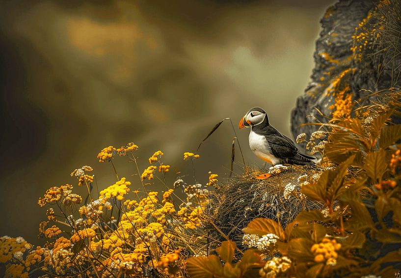 Whispers of Storm | Puffin and Yellow Flowers by Karina Brouwer