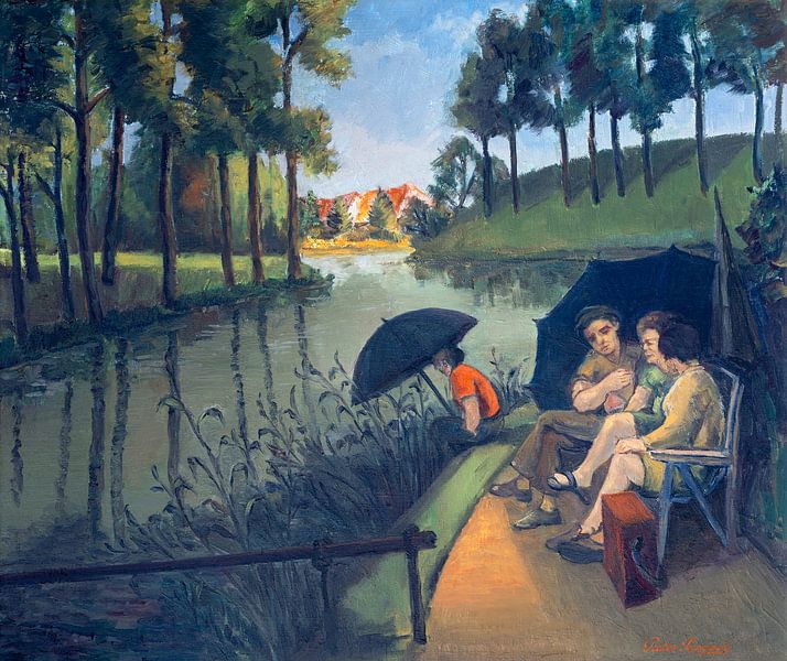 Pêcheurs sur les remparts de la ville fortifiée de Hulst - Huile sur toile par Galerie Ringoot