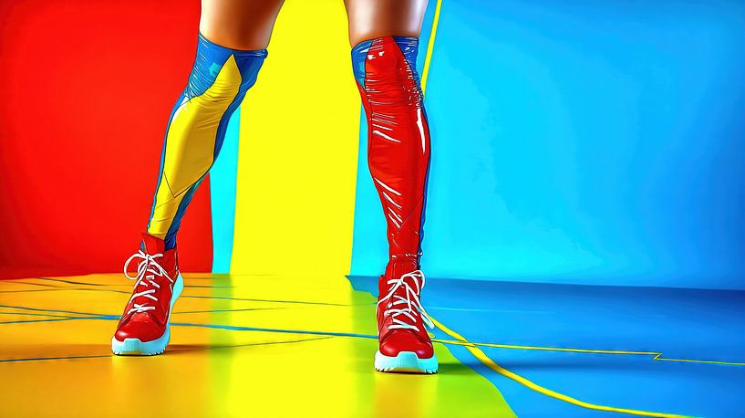 Sporty woman with colourful stockings on a geometric background by Frank Heinz