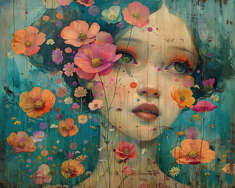 Les yeux au milieu des fleurs de printemps par Peinture Abstraite