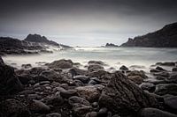 rocky coast and raging sea at Laje Beach on Madeira
