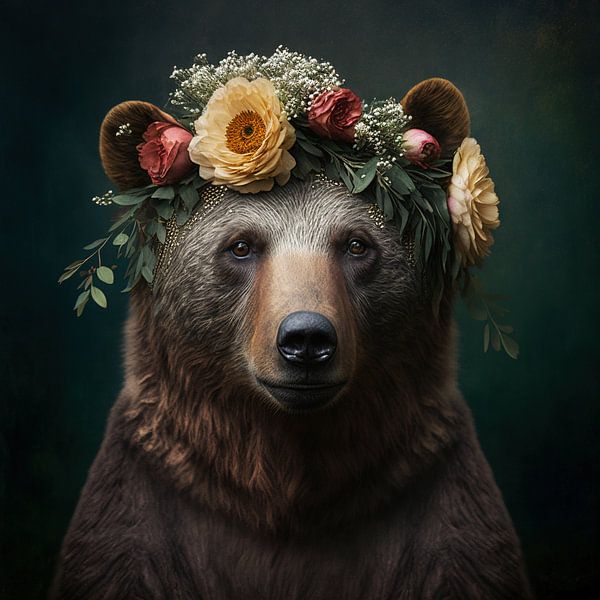 Braunbär-Porträt mit Sommerblumen von Vlindertuin-Art