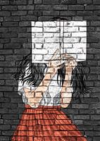 Teenager mit Buch Graffiti auf Mauerwerk