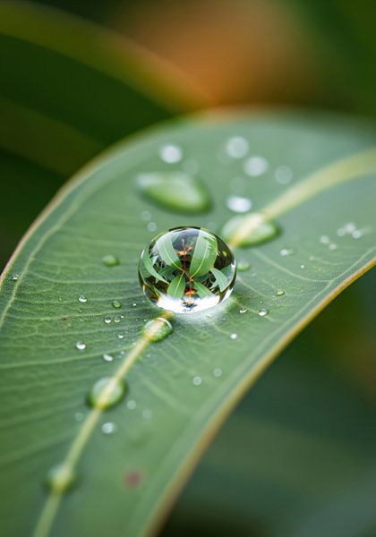 Gouttes d'eau sur une feuille d'eucalyptus reflétant le feuillage par Markus Gann