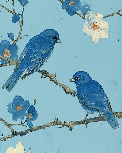 Twee blauwe vogels met lente bloesem van Vlindertuin-Art
