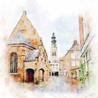 Aquarelle de la Nieuwstraat à Middelburg avec Lange Jan en arrière-plan