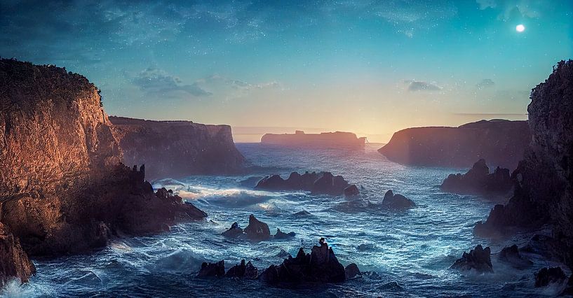 Sunset over the Ocean with Cliffs Art Illustration by Animaflora PicsStock