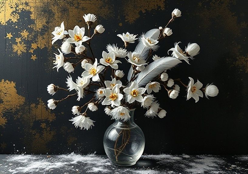 Nature morte de fleurs blanches et de plumes dans un vase en verre. par J.a Dijkstra