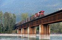 Ladingstrein die over een cement brug over een rivier rijdt in Canada