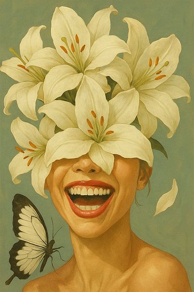 Frau mit Blumen und Lächeln - Kunst mit weißen Lilien und Schmetterling von Marijke Trienekens