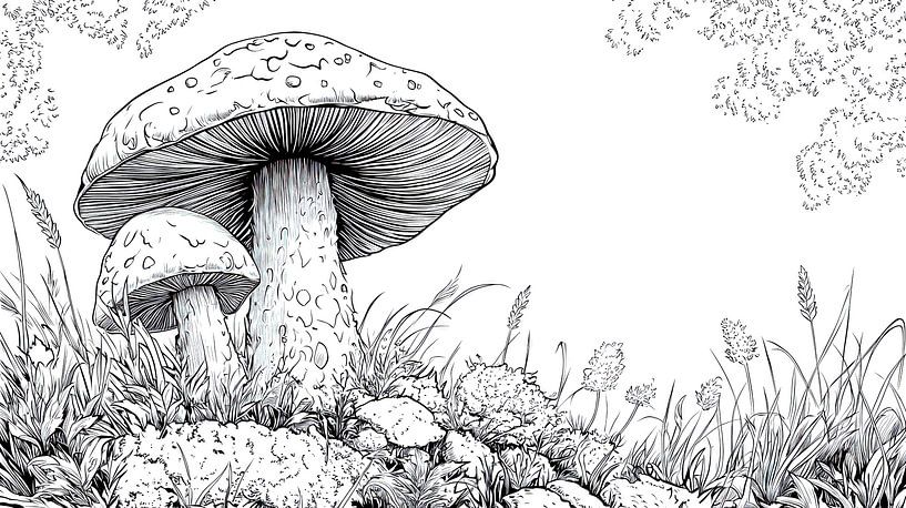 Detailed black and white mushroom illustration by Frank Heinz