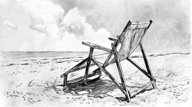 Beach scene with empty wooden chair by Frank Heinz