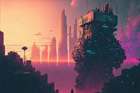 Sunrise in futuristic city, vaporwave, retro-futurism