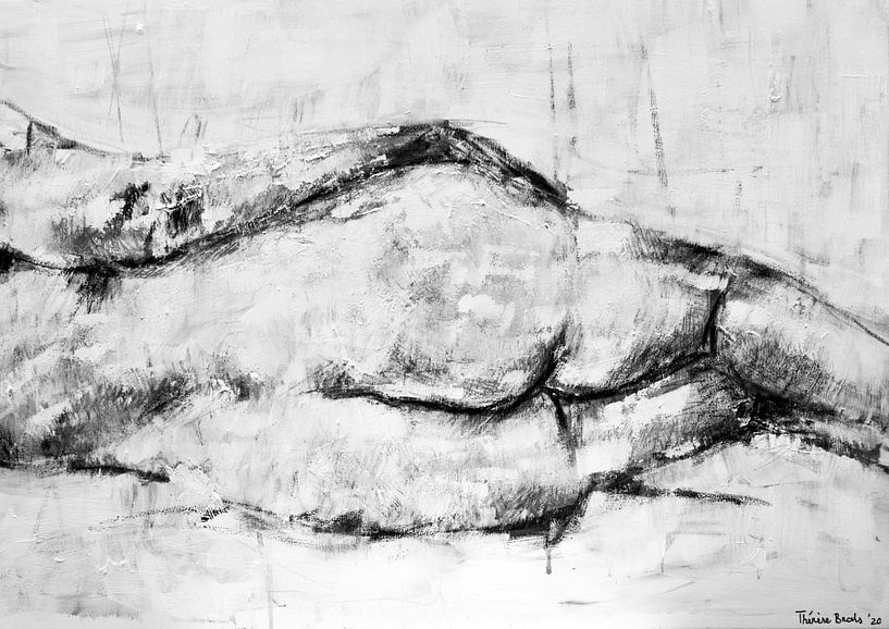 Peinture d'une figure féminine allongée en noir et blanc. par Therese Brals
