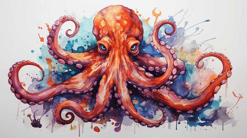 Orange watercolour octopus on a white background by Animaflora PicsStock