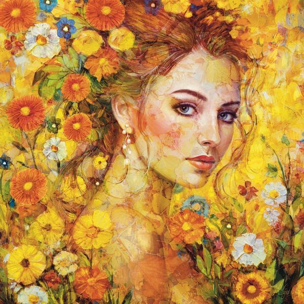 Frauenporträt mit sommerlichen gelben Blumen von Karen Nijst