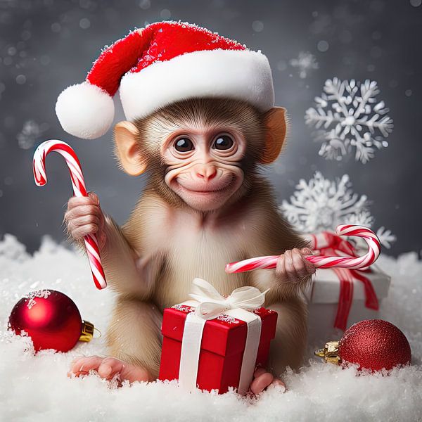 Mignon singe avec un chapeau de Père Noël par Laly Laura