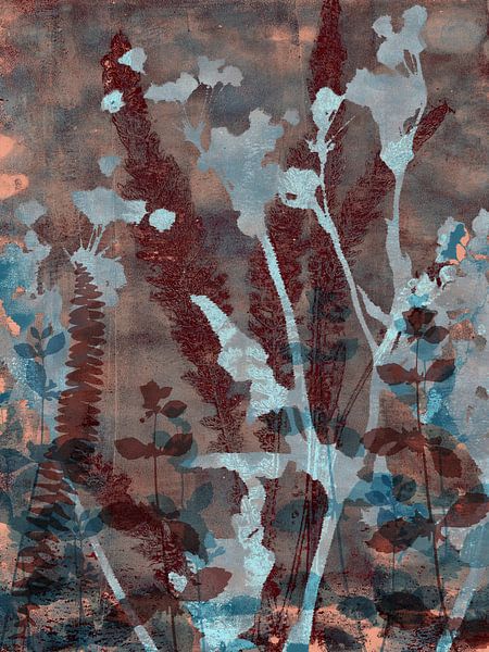 Wabi-sabi botanisch in aardebruin en kobaltblauw van Dina Dankers