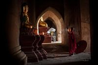 Young monk in Bagan Myanmar prays in front of a statue of Budha. Wout Kok One2expose Photography