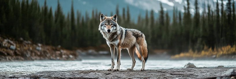 Wolf am Ufer eines ruhigen Flusses, ein Symbol der Freiheit von Digitale Schilderijen