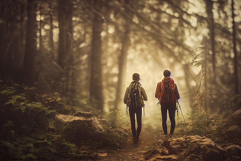 Young couple walking through autumn forest with fog illustration by Animaflora PicsStock