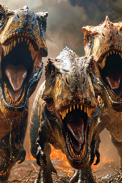 Drei brüllende T-Rexe im Meer aus Feuer von Art & Soul Creations
