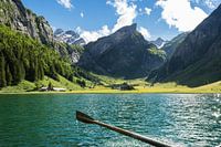 Rowing on the Seealpsee with a view of the Alpstein mountains