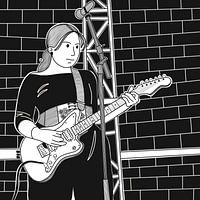 Black and white illustration of female musician playing electric guitar on stage.