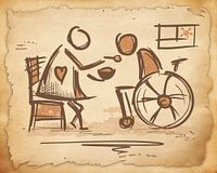 Pflegerin & Person im Rollstuhl. Vintage Skizzen-Kunst. Altenpflege / Krankenpflege.