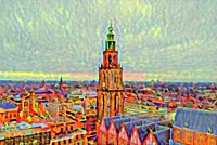 Buntes Gemälde Groninger Skyline mit Martini-Turm vom Forum Groningen
