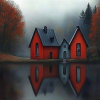 Reflet de chalets au bord d'un lac