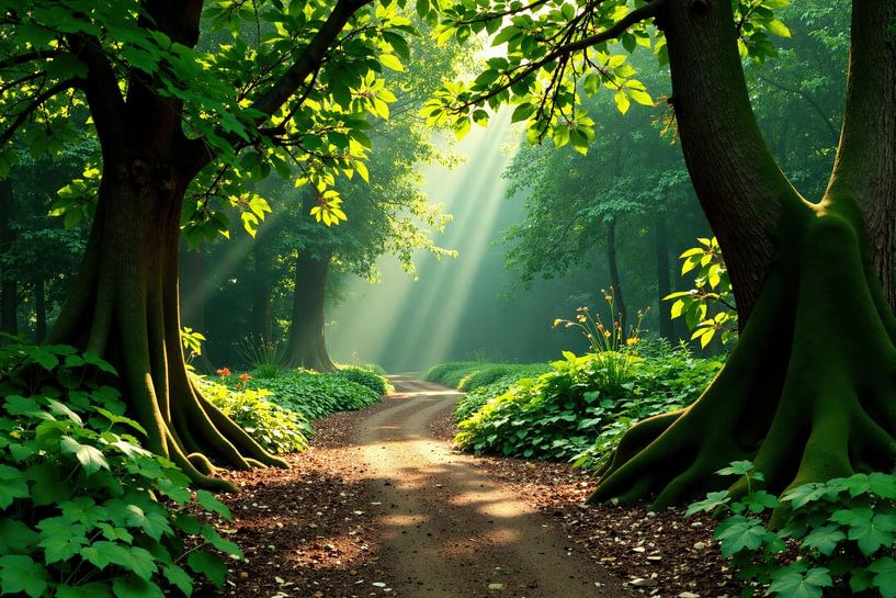 Waldweg mit Sonnenstrahlen und üppiger Vegetation von Markus Gann