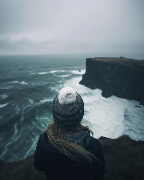 Young woman looks out over the coastal landscape by fernlichtsicht