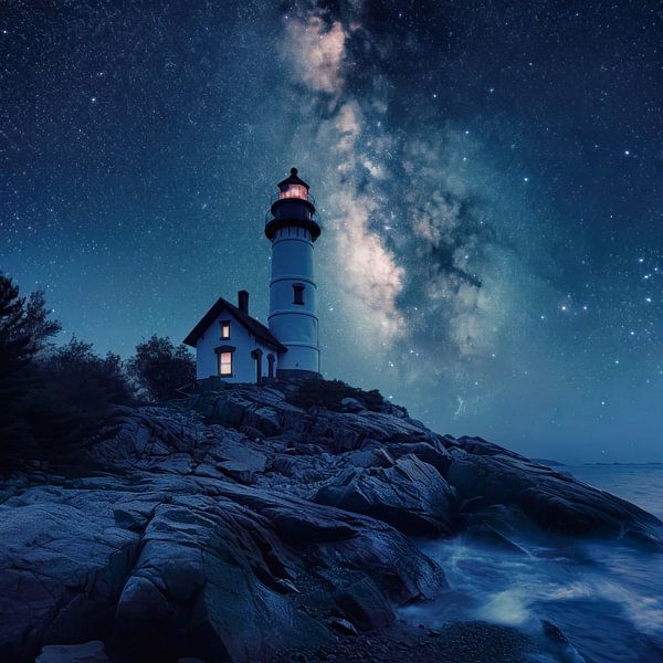 Lighthouse at night in front of a starry sky by ARTemberaubend