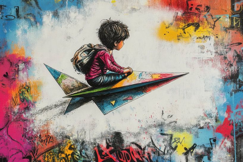 Boy on kite - Dreamy urban graffiti artwork by BowiScapes abstract and digital art